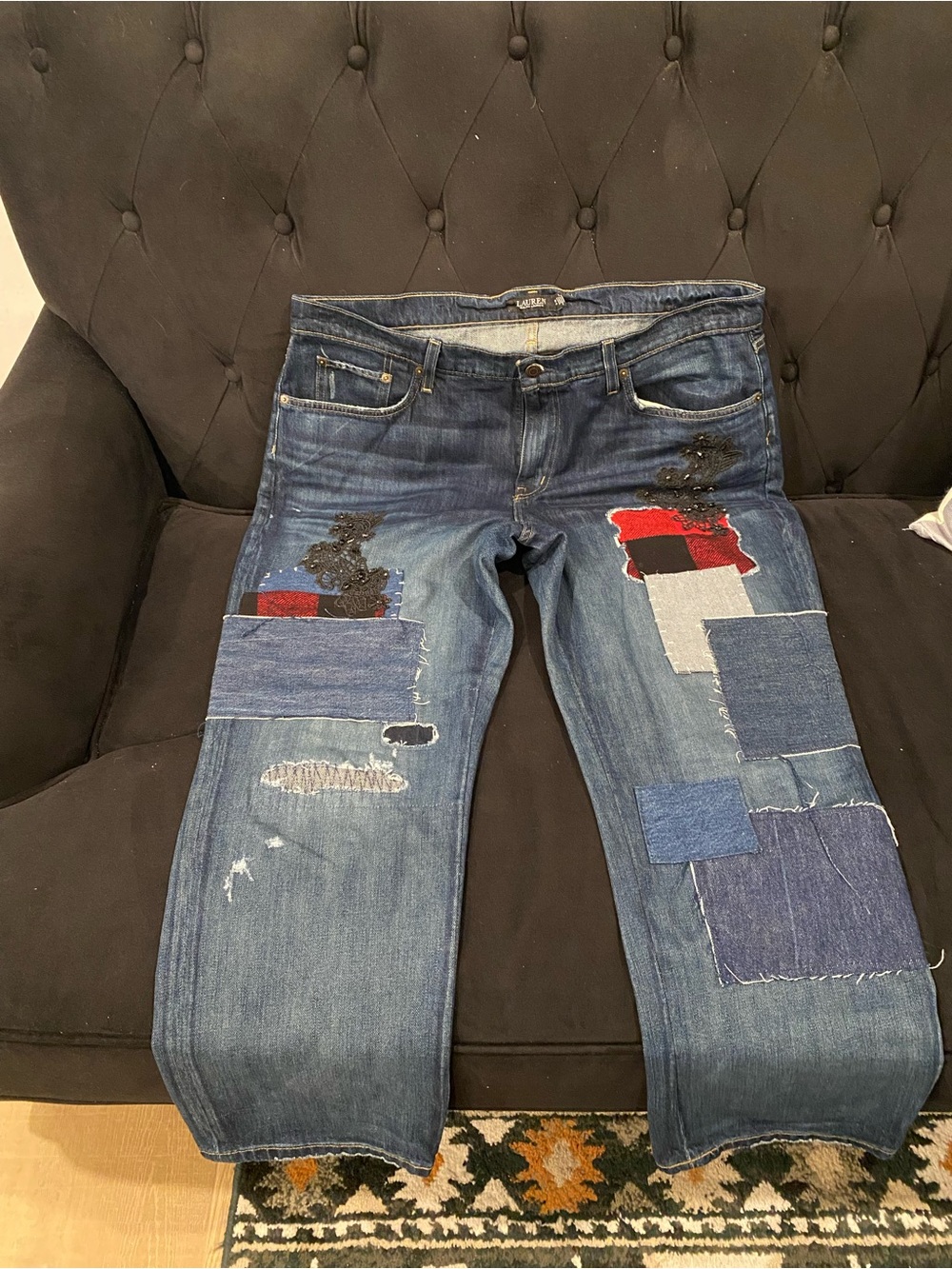 Lauren Ralph Lauren Blue Patchwork Boyfriend Jeans with Red Accents